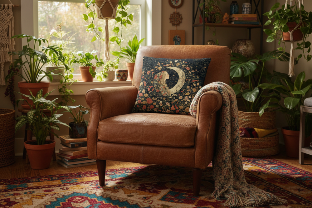 William Morris–Inspired Floral Moon Girl Decorative Throw Pillow, Arts & Crafts Accent Cushion | Boutique In USA, Throw Pillows, $ 55.00, A Moment Of Now™