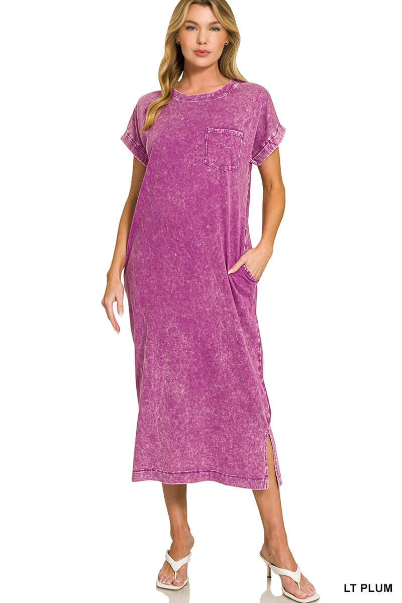 Light Plum Washed Exposed Seam Short Sleeve T-Shirt Dress