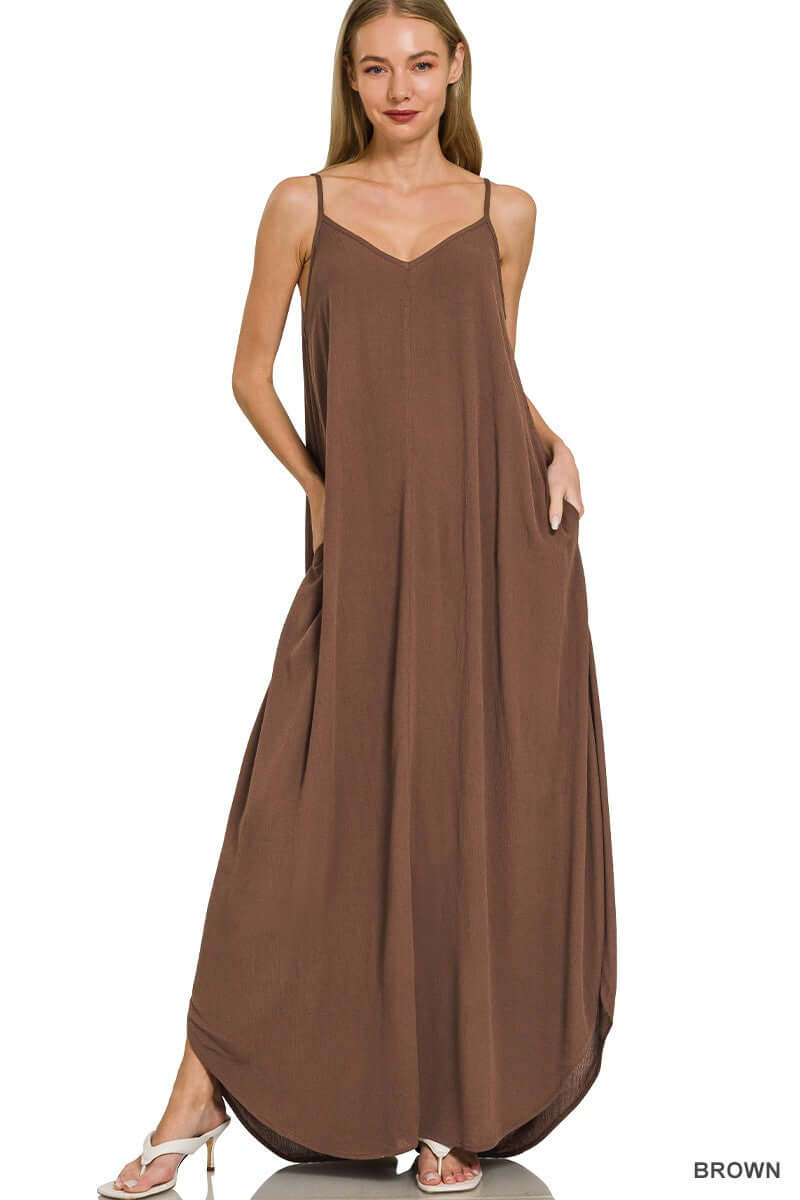 Zenana Woven Crinkle Cami Maxi Dress with Pockets | Summer Fashion, Dresses, $ 39.00, A Moment Of Now™