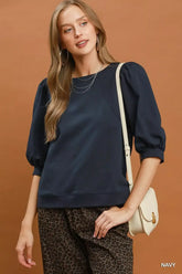 Navy Blue Puff Sleeve Round Neck Sweatshirt | Boutique In USA, Sweatshirts, $ 49.00, A Moment Of Now™
