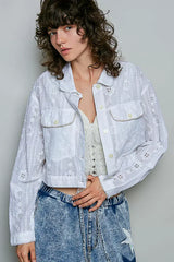 Off White Eyelet Textured Cotton Cropped Button Front Jacket | Boutique In USA, Jackets, $ 76.00, A Moment Of Now™