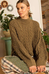 Dusky Olive Mock Neck Cable Knit Sweater, Sweaters, $ 55.00, A Moment Of Now™