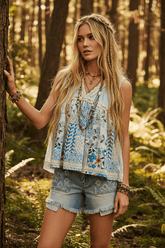 Blue Floral V-Neck Sheer Tank with Lace Trim, Tank Tops, $ 69.00, A Moment Of Now™