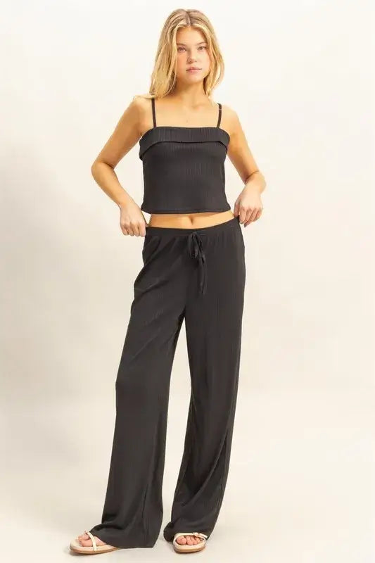 Black Rib Knit Cami Top and Pants Set - Chic Comfort for All, Outfit Sets, $ 45.00, A Moment Of Now™