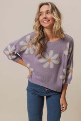 Lavender Floral Pattern Slit Sweater - Chic & Versatile, Sweaters, $ 47.00, A Moment Of Now™