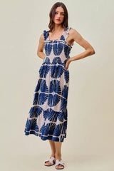 Navy Abstract Print Smocked Bodice Tiered Lined Midi Dress | Boutique In USA, Dresses, $ 62.00, A Moment Of Now™