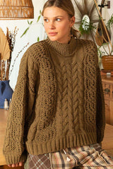 Dusky Olive Mock Neck Cable Knit Sweater, Sweaters, $ 55.00, A Moment Of Now™