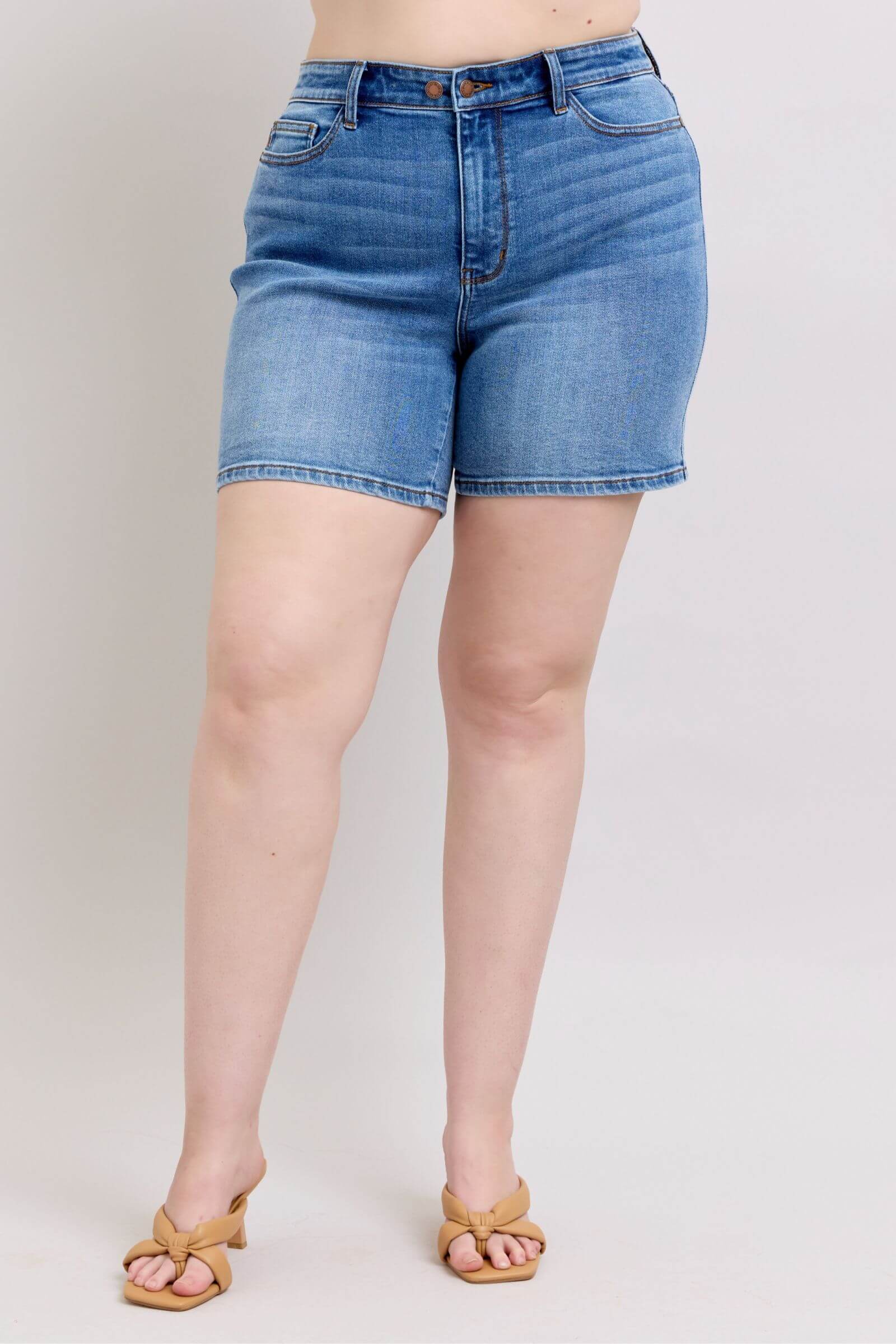 Plus Size Medium Blue Double Button Denim Shorts, Shorts, $ 59.00, A Moment Of Now™