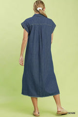 Dark Blue Pinstripe Denim Collared Midi Dress with Side Slits | Boutique In USA, Dresses, $ 69.00, A Moment Of Now™