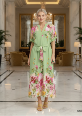 Sage Green Mix Floral Border Print Midi Dress