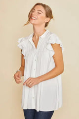 White Ruffle Sleeve Shirred Flowy Tunic Shirt, Shirts, $ 45.00, A Moment Of Now™