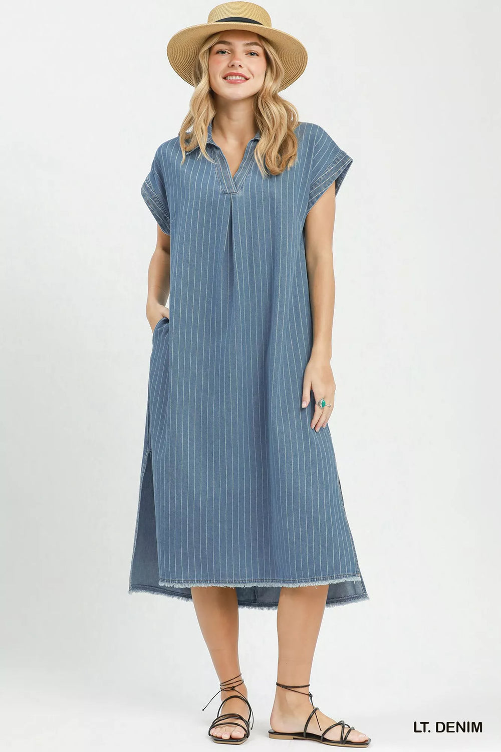 Umgee Pinstripe Denim Collared Midi Dress with Side Slits | Boutique In USA, Dresses, $ 69.00, A Moment Of Now™