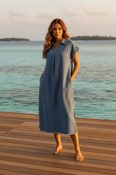 Blue Pinstripe Denim Collared Midi Dress with Side Slits | Boutique In USA, Dresses, $ 69.00, A Moment Of Now™