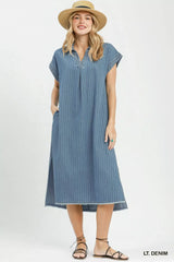 Blue Pinstripe Denim Collared Midi Dress with Side Slits | Boutique In USA, Dresses, $ 69.00, A Moment Of Now™