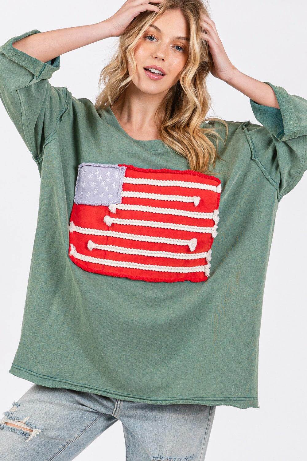 Teal American Flag Patch Drop Shoulder T-Shirt | Casual Style, T-shirts, $ 53.00, A Moment Of Now™