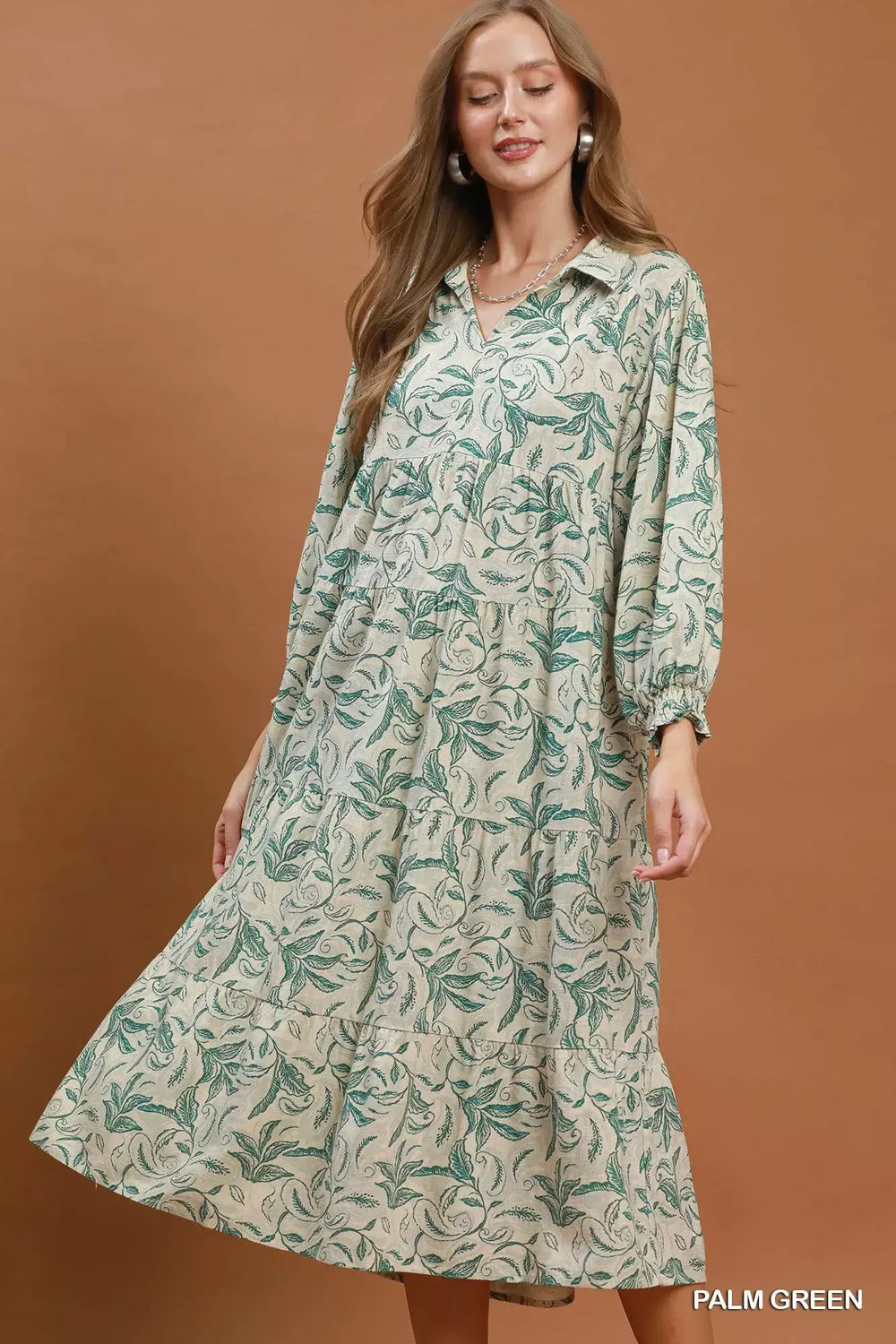 Green Linen Botanical Print Tiered Midi Dress | Boutique In USA, Dresses, $ 65.00, A Moment Of Now™