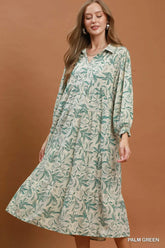 Green Linen Botanical Print Tiered Midi Dress | Boutique In USA, Dresses, $ 65.00, A Moment Of Now™