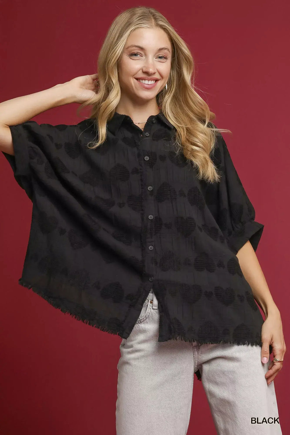 Black Jacquard Heart Collared Shirt | Elegant & Playful, Shirts, $ 60.00, A Moment Of Now™