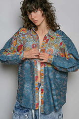Blue Patchwork Mixed Textured Paisley Floral Stripe Long Sleeve Shirt | Boutique In USA, Shirts, $ 63.00, A Moment Of Now™