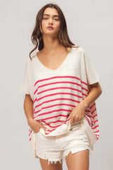 Fuchsia V Neck Striped Short Sleeve Top - Stylish Comfort, Tops, $ 45.00, A Moment Of Now™
