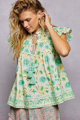 Mint Green Floral Flutter Sleeve Blouse | Tassel Tie Neck, Blouses, $ 60.00, A Moment Of Now™