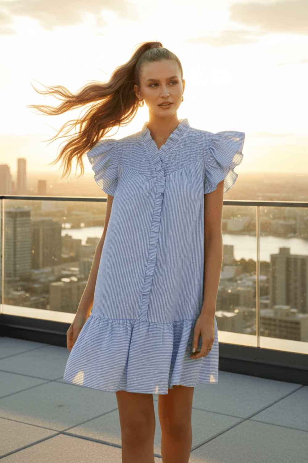 Light Blue Stripe Smocked Yoke Ruffle Dress | Boutique In USA, Dresses, $ 65.00, A Moment Of Now™