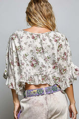 Ivory Ruffle Tie Front Cropped Floral Woven Flutter Sleeve Top | Boutique In USA, Tops, $ 69.00, A Moment Of Now™