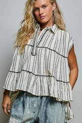Grey Striped Ruffle Collared Sleeveless Cotton Top | Boutique In USA, Blouses, $ 55.00, A Moment Of Now™