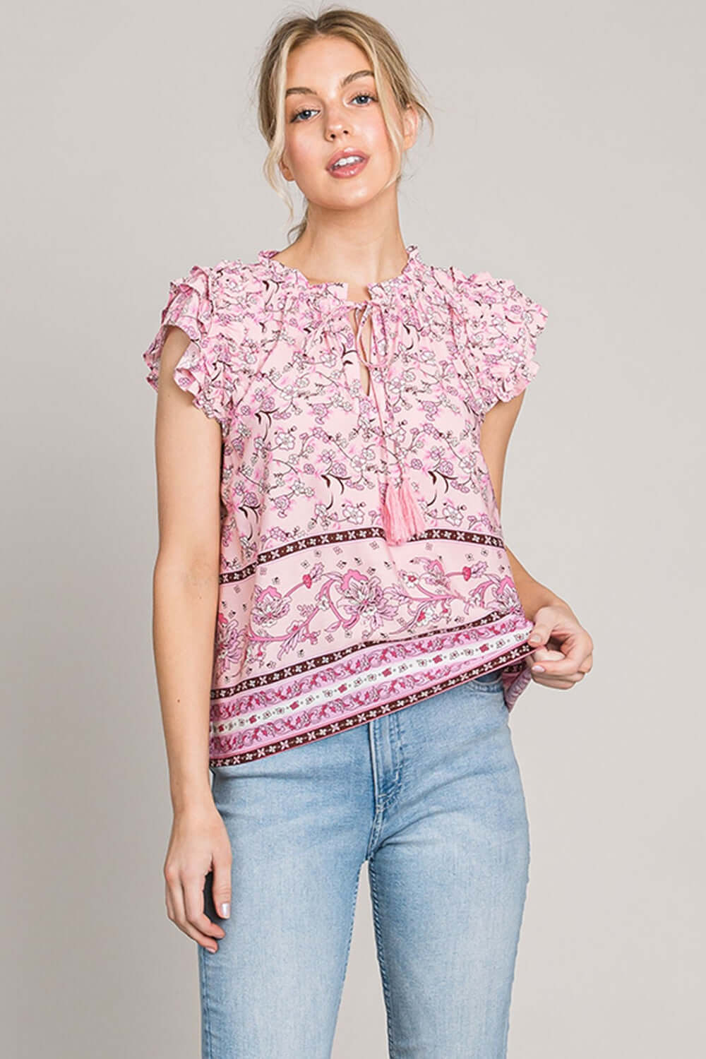 Pink Floral Print Ruffle Sleeve Blouse - Elegant Style, Blouses, $ 27.00, A Moment Of Now™