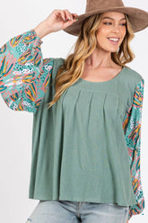 Sage Green Ruched Round Neck Bubble Sleeve Top, Tops, $ 45.00, A Moment Of Now™