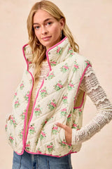 Pink Cream Floral Print Piping Detail Quilted Vest | Boutique In USA, Vests, $ 69.00, A Moment Of Now™
