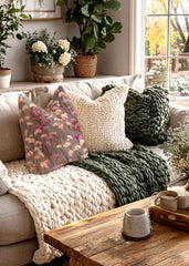 Boho Pink Wildflowers Throw Pillow Cover with Insert