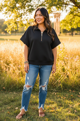 Zenana Scuba High Neck Half Zip Short Sleeve Top Plus Size