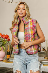 Colorful Quilted Washed Plaid Snap Down Vest, Vests, $ 69.00, A Moment Of Now™