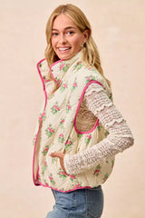Pink Cream Floral Print Piping Detail Quilted Vest | Boutique In USA, Vests, $ 69.00, A Moment Of Now™