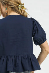 Elegant Dark Navy Tie Front Puff Sleeve Blouse, Blouses, $ 49.00, A Moment Of Now™