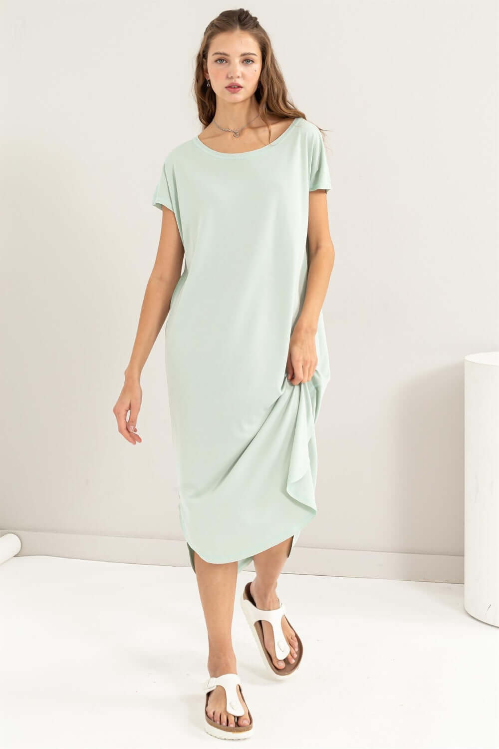Mint Green Short Sleeve High-Low Slit Midi Dress for All Occasions, Dresses, $ 35.00, A Moment Of Now™