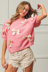 Cute Pink Ribbon Bow Puff Sleeve Sweater, Sweaters, $ 49.00, A Moment Of Now™