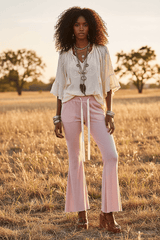 Blush Pink Drawstring Ribbed Knit Flare Pants | POL, Pants, $ 65.00, A Moment Of Now™