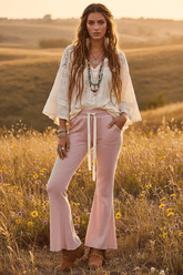 Blush Pink Drawstring Ribbed Knit Flare Pants | POL, Pants, $ 65.00, A Moment Of Now™