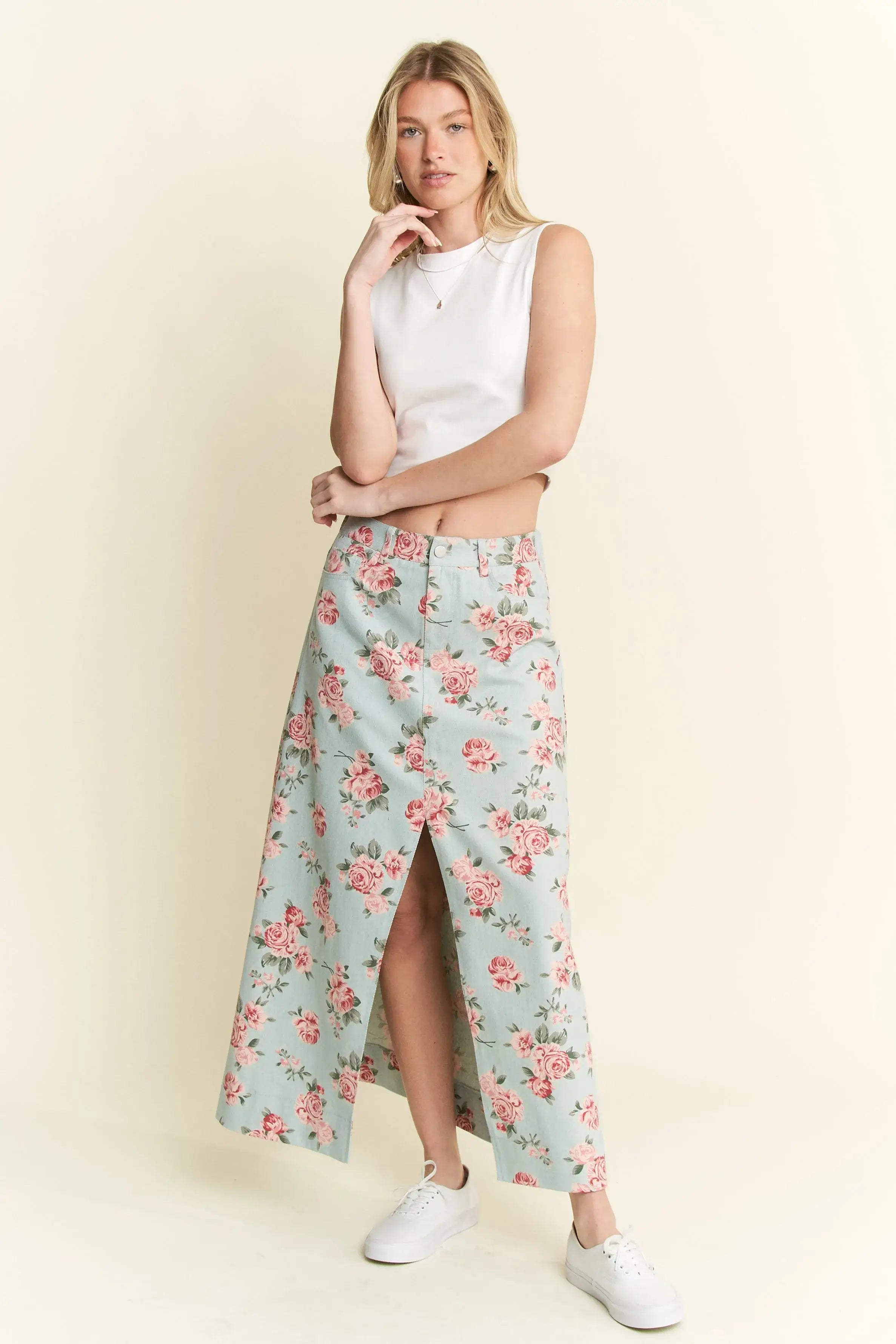 Blue Pink Floral Print Denim Maxi Skirt Plus Size, Skirts, $ 59.00, A Moment Of Now™