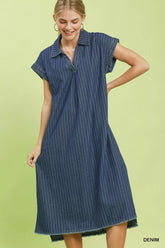 Dark Blue Pinstripe Denim Collared Midi Dress with Side Slits | Boutique In USA, Dresses, $ 69.00, A Moment Of Now™