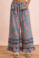 Blue Washed Floral Denim With Ruffle Elastic Wide Pants | Boutique In USA, Pants, $ 67.00, A Moment Of Now™