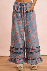 Blue Washed Floral Denim With Ruffle Elastic Wide Pants | Boutique In USA, Pants, $ 67.00, A Moment Of Now™