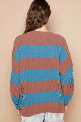 Brown Teal Striped Distressed Long Sleeve Sweater, Sweaters, $ 65.00, A Moment Of Now™