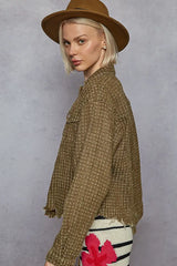 Olive Green Raw Hem Button Up Jacket with Pockets, Jackets, $ 85.00, A Moment Of Now™