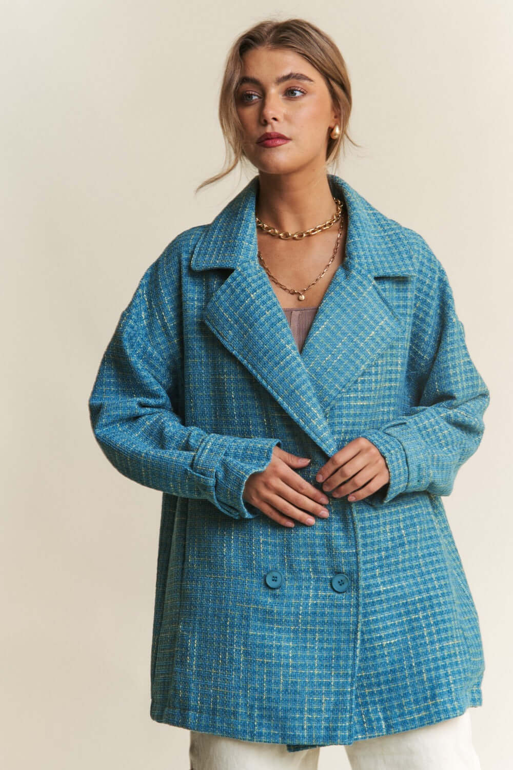 Emerald Sea Teal Tweed Double-Breasted Coat for Elegance, Coats, $ 69.00, A Moment Of Now™