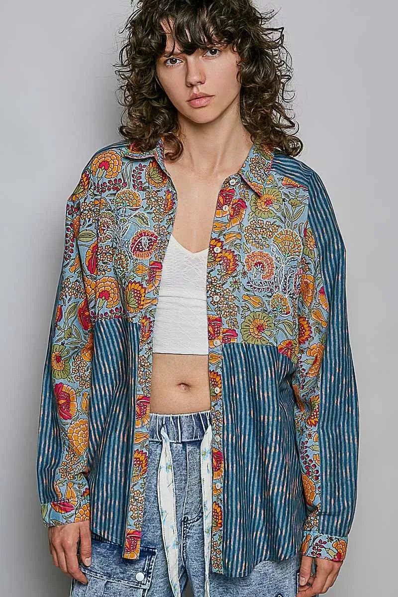 Blue Patchwork Mixed Textured Paisley Floral Stripe Long Sleeve Shirt | Boutique In USA, Shirts, $ 63.00, A Moment Of Now™