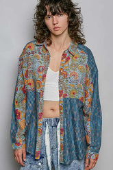 Blue Patchwork Mixed Textured Paisley Floral Stripe Long Sleeve Shirt | Boutique In USA, Shirts, $ 63.00, A Moment Of Now™