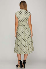 Sage Front Zip Polka Dots Cap Sleeve Midi Dress, Dresses, $ 59.00, A Moment Of Now™